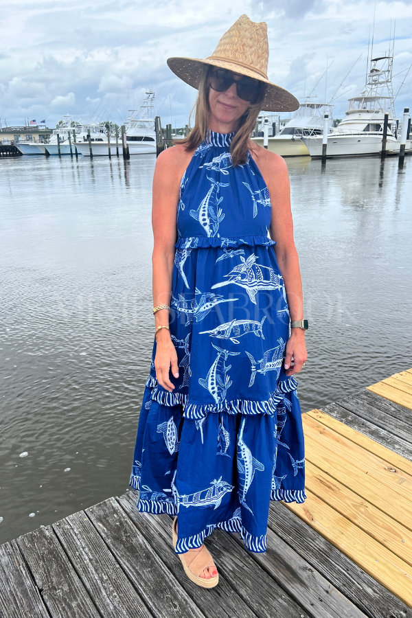 Alys Beach Dress by King + Pitt, blue billfish print
