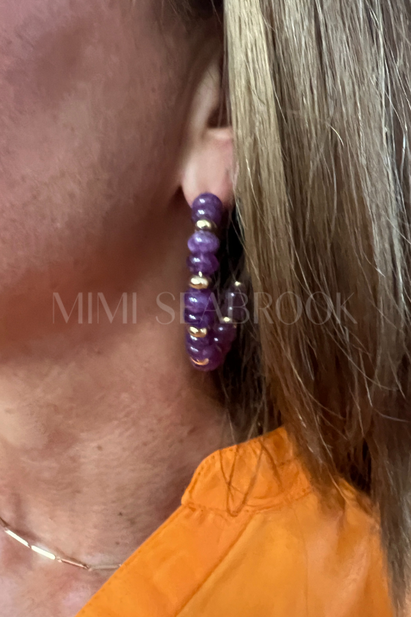 Beads Semi Stone hoop earrings, purple