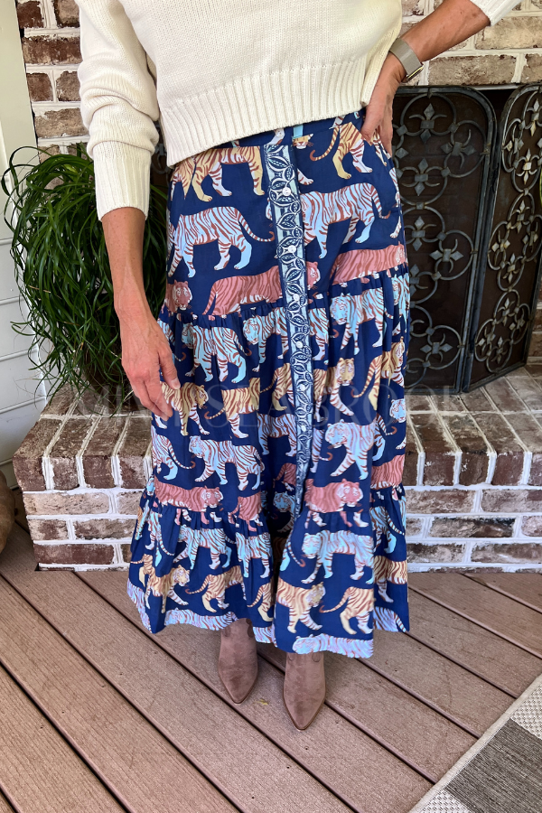 Button Front Skirt, Raj Navy by Oliphant