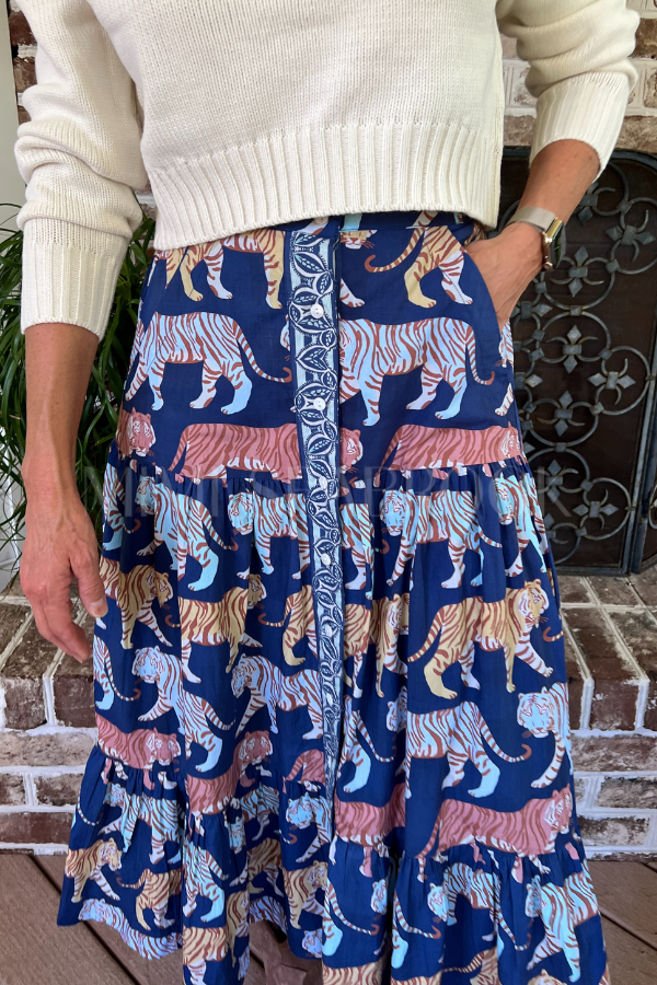 Button Front Skirt, Raj Navy by Oliphant