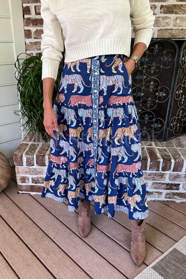 Button Front Skirt, Raj Navy by Oliphant