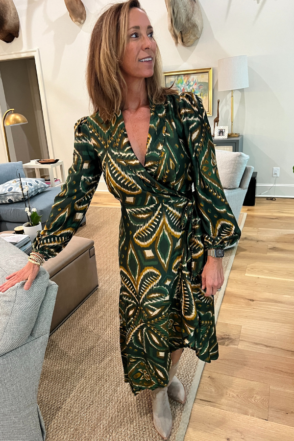 Pineapple Ikat Green Long Sleeve Midi Dress by Farm Rio