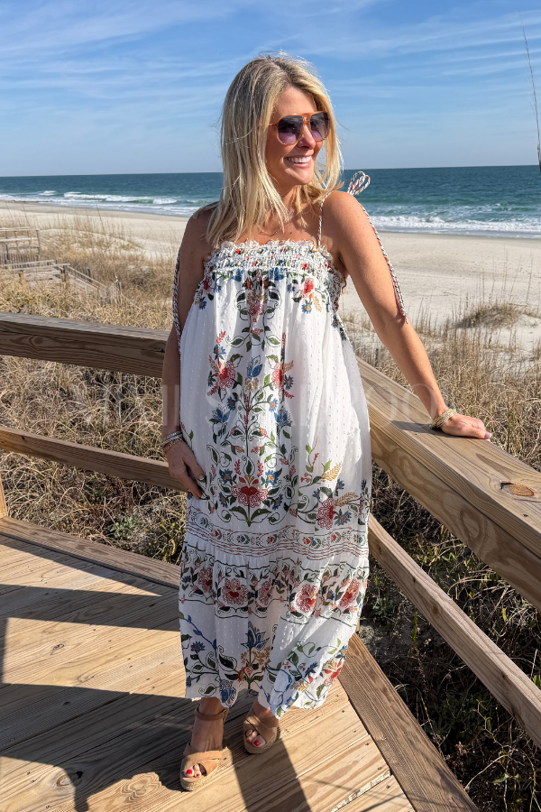 Stitched Garden Off-White Long Dress by Farm Rio Mimi Seabrook Stitched Garden Off-White Long Dress by Farm Rio Mimi Seabrook
