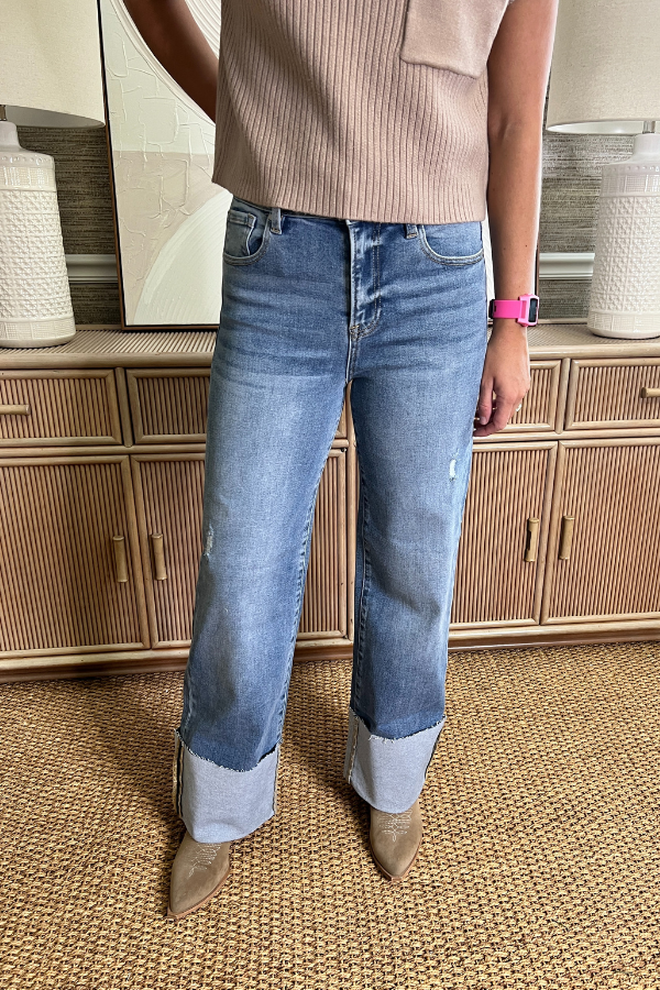 Whitney wide leg cuffed jeans, medium denim