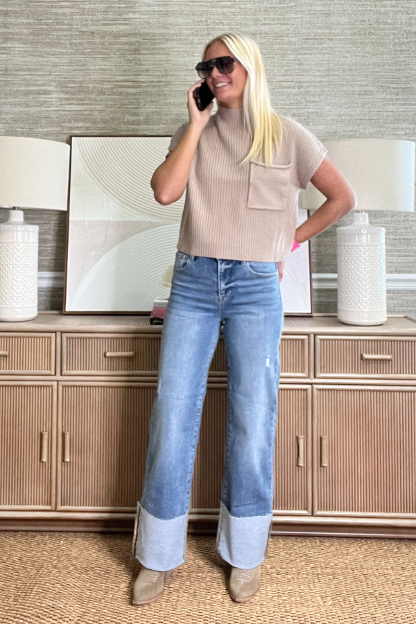 Whitney wide leg cuffed jeans, medium denim