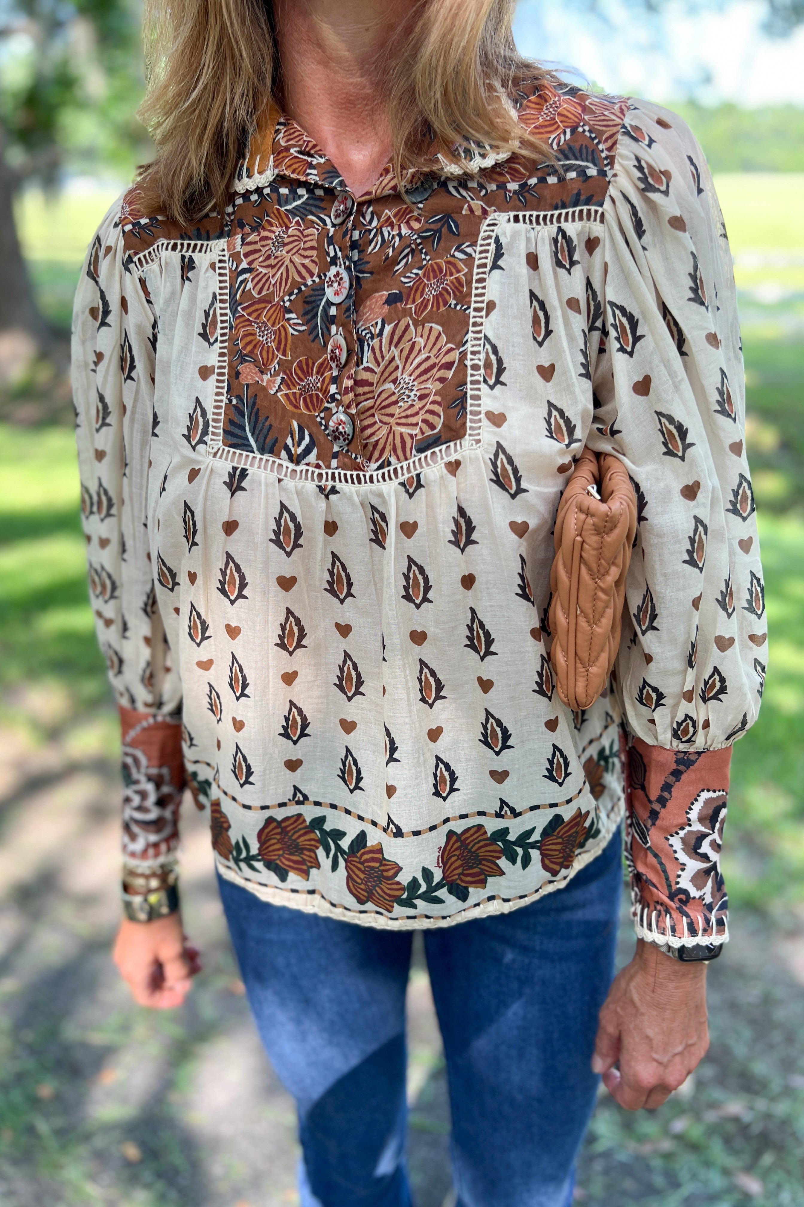 Ainika Floral Beige Long Sleeve Blouse by Farm Rio