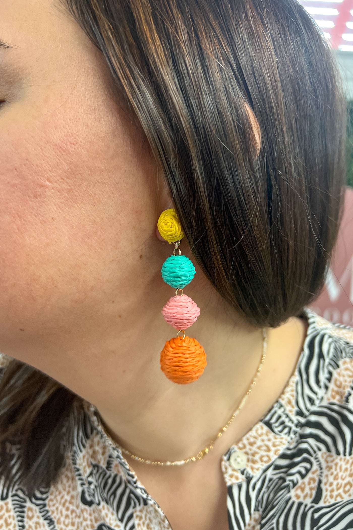Raffia ball earrings, neon