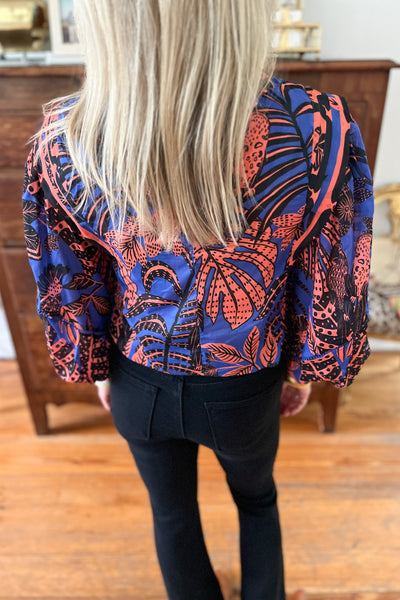 Tropical Gold Blue Pleated Long Sleeve Blouse by Farm Rio