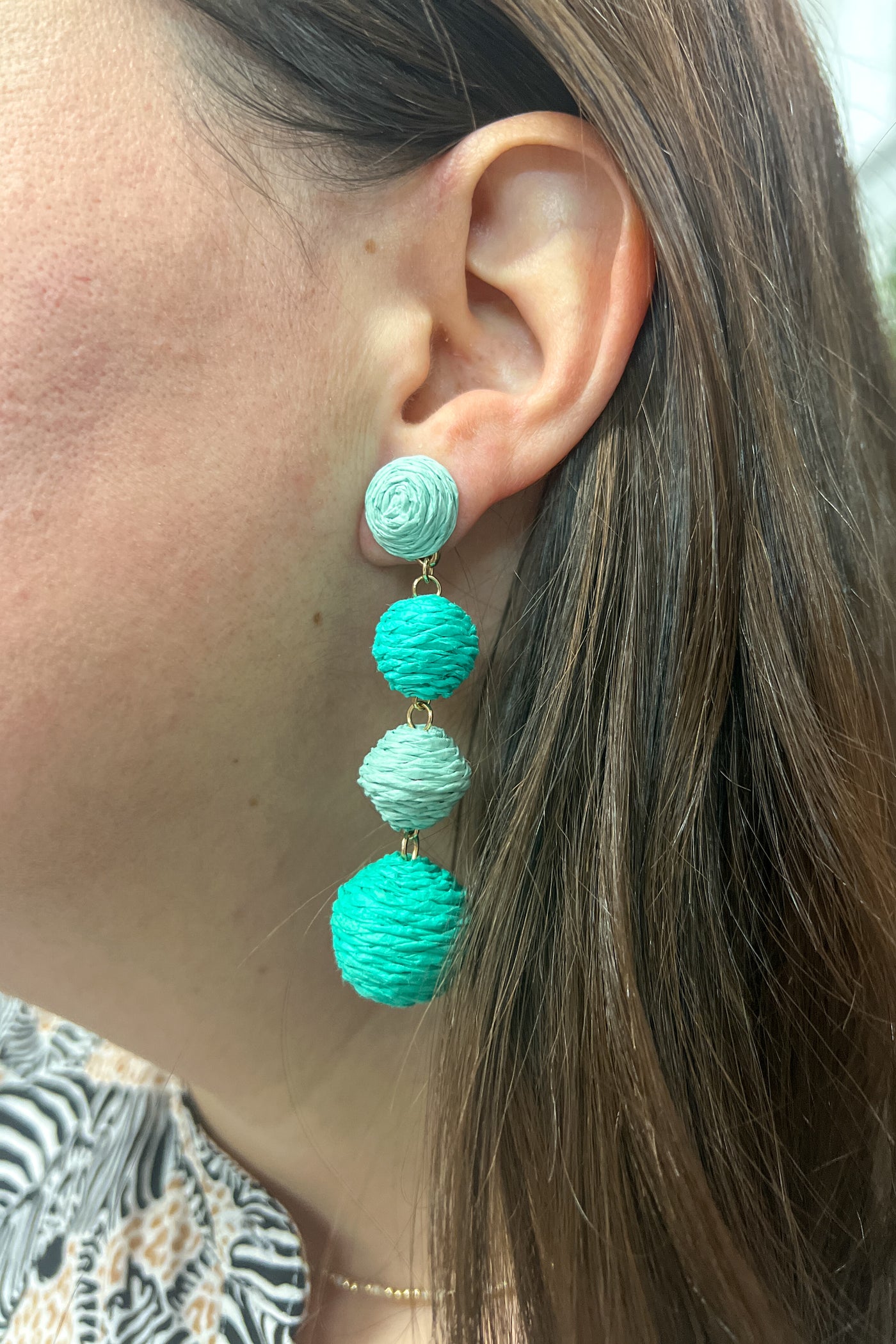 Raffia ball earrings, mint/jade