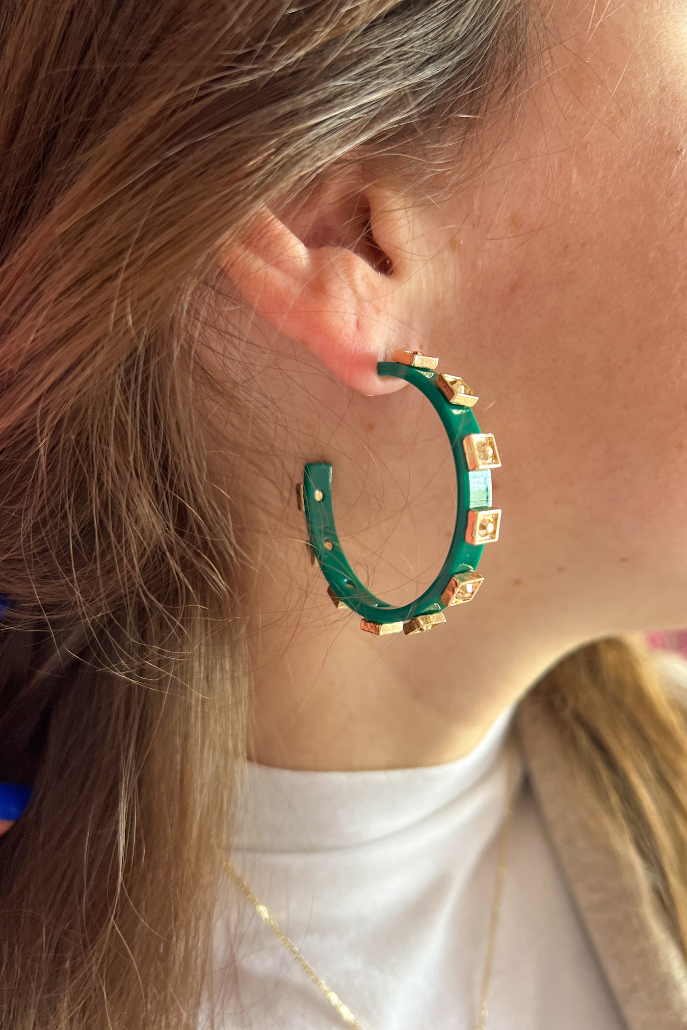 Grete Square Metal Bead Hoop Earrings, green