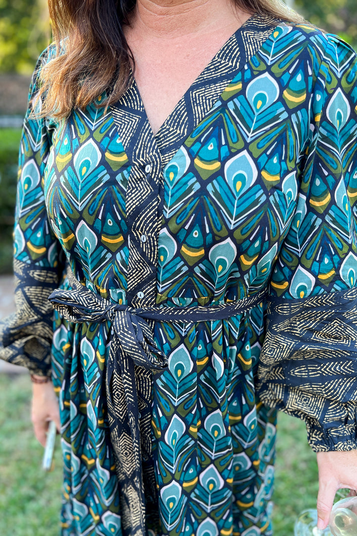 Shannon dress by King + Pitt, peacock print