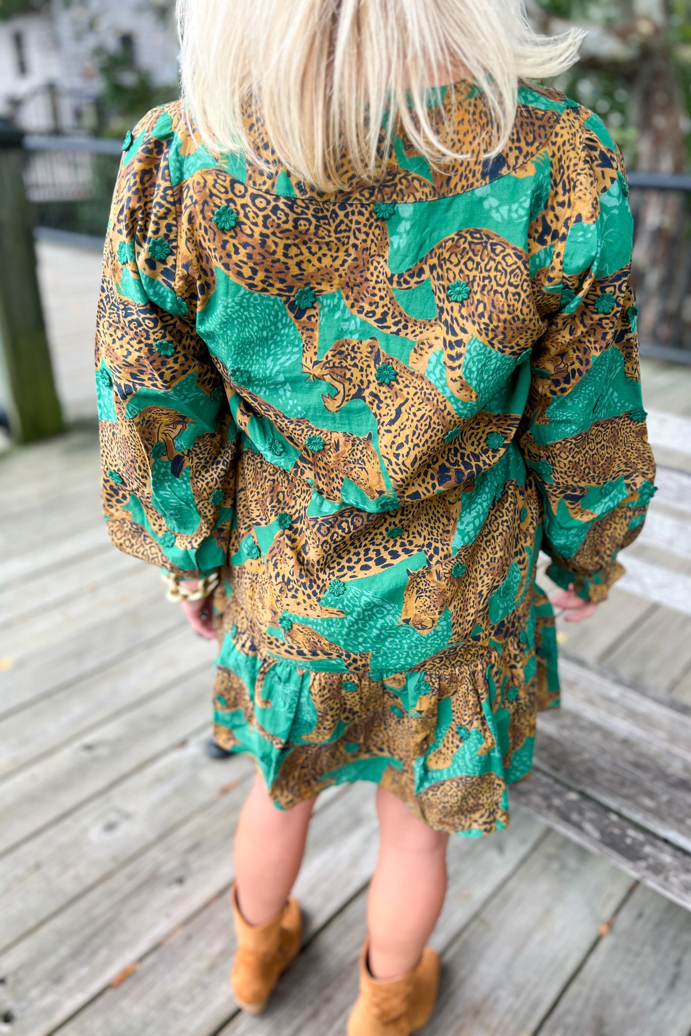 Artsy Leopards Green Long Sleeve Mini Dress by Farm Rio