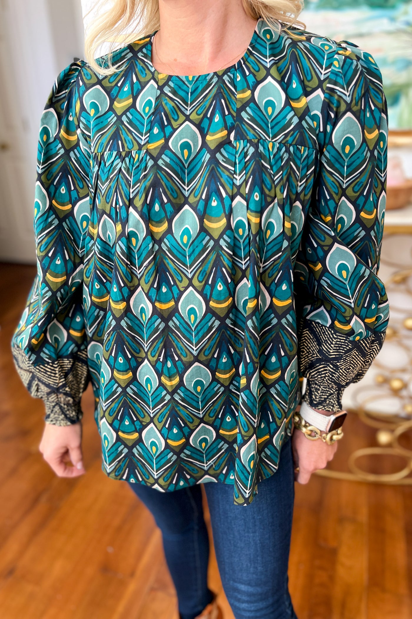 Porter blouse, peacock print