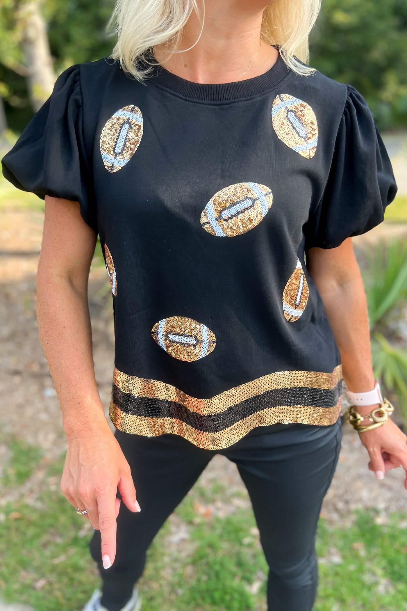 Sequin Football top, black/gold