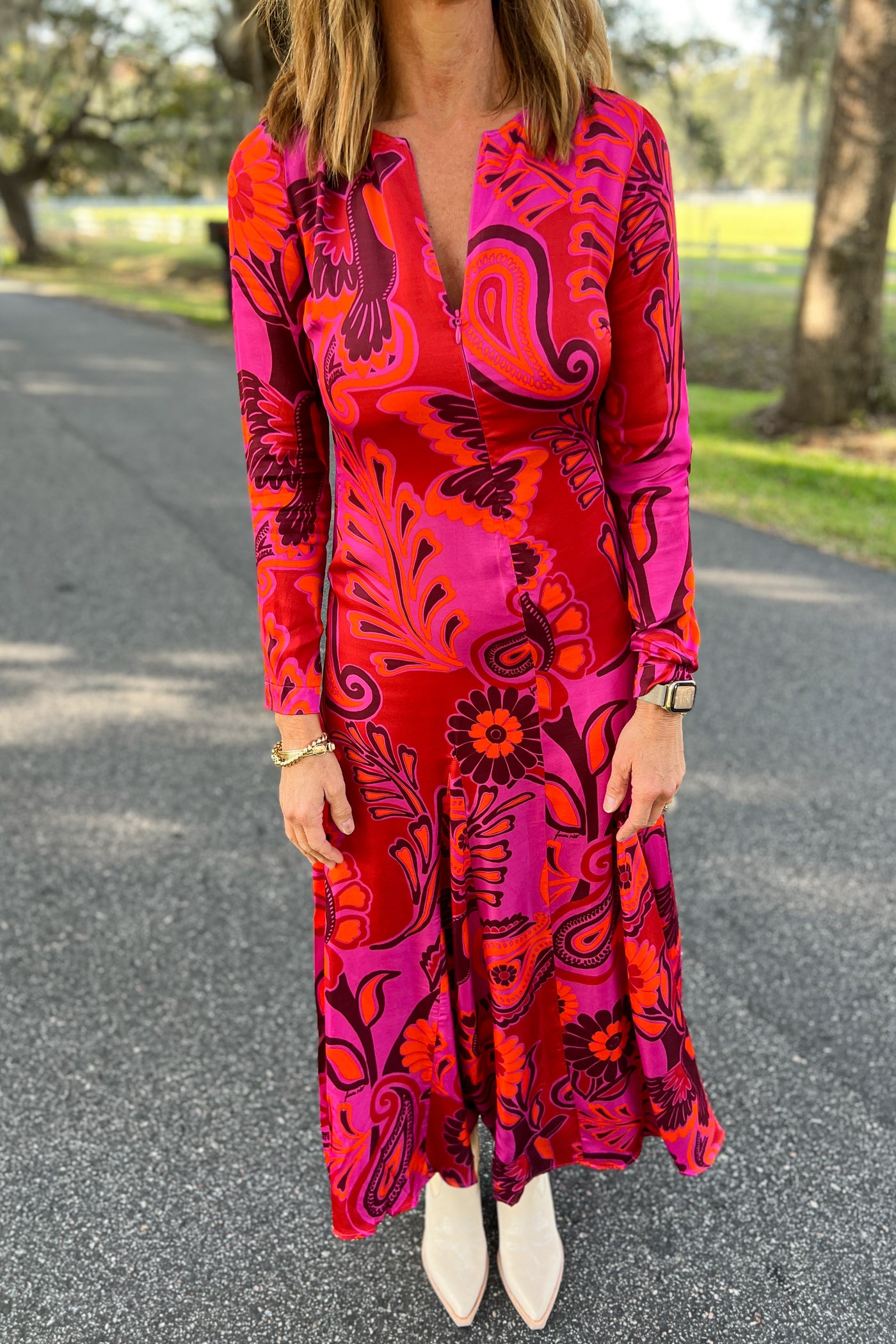 Bold Floral Pink Long Sleeve Maxi Dress by Farm Rio