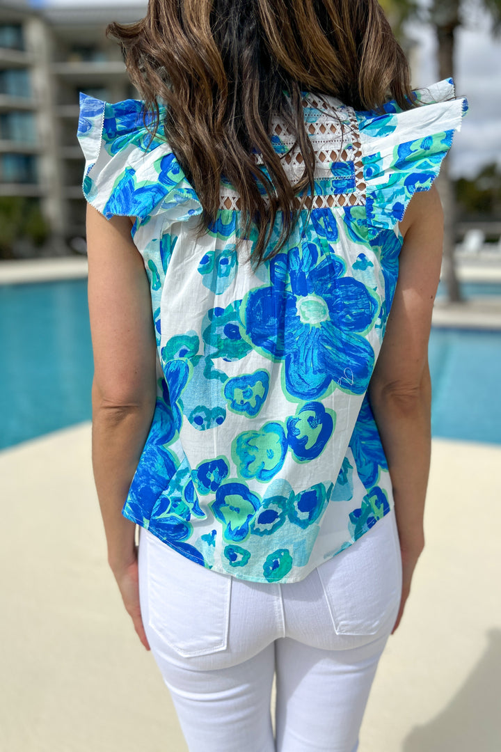 Jomarie top, floral/white blue