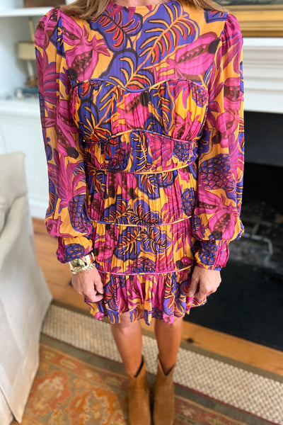 Fruit Dream Yellow Long Sleeve Mini Dressby Farm Rio