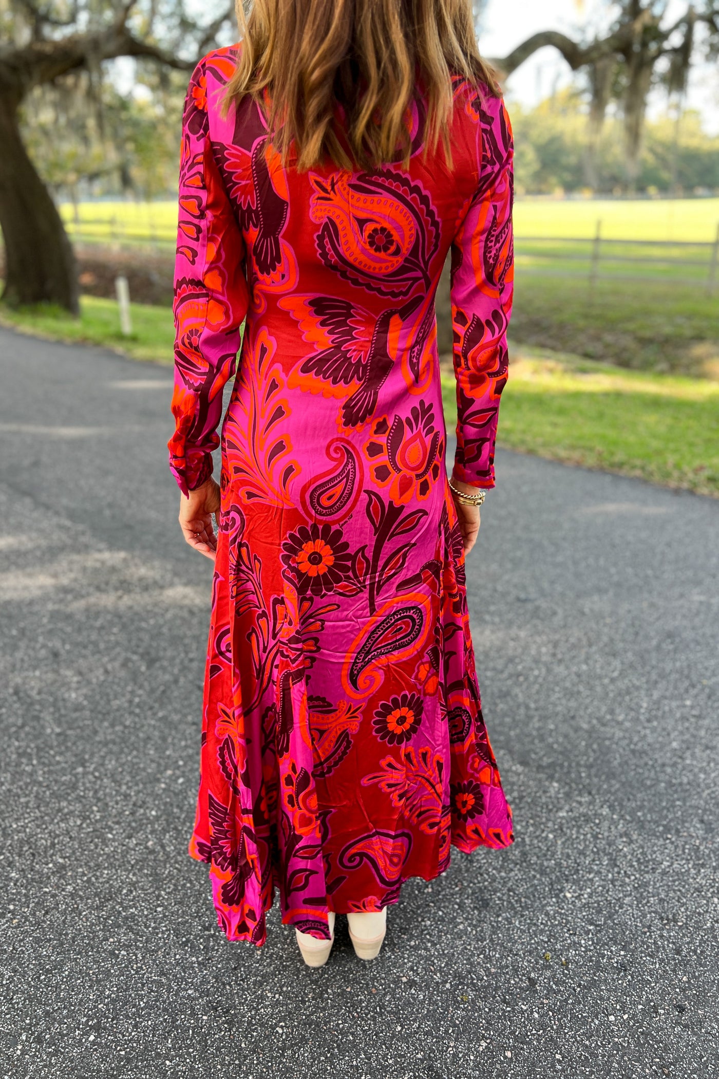 Bold Floral Pink Long Sleeve Maxi Dress by Farm Rio