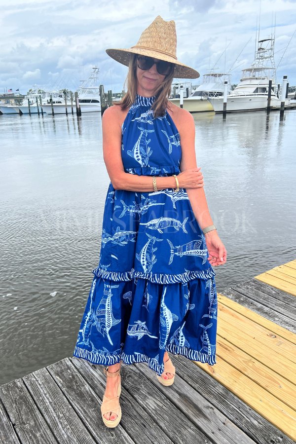 Alys Beach Dress by King + Pitt, blue billfish print (pre-order)