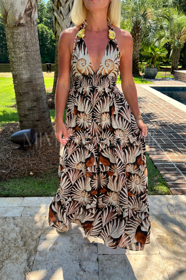 Multicolor Ammonite Tassel Smocked Maxi Dress