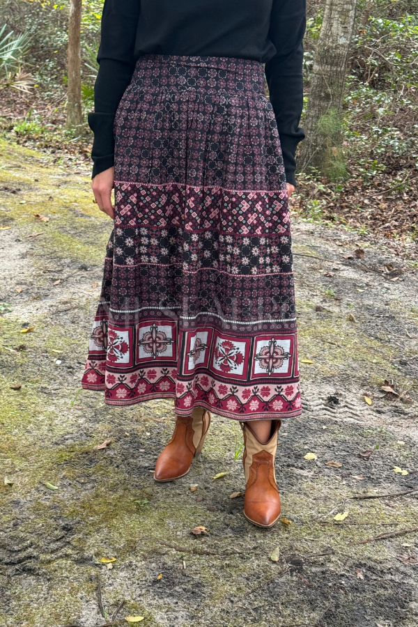 Aneeta Midi Skirt, Zocalo Rose Tan Print by Cleobella