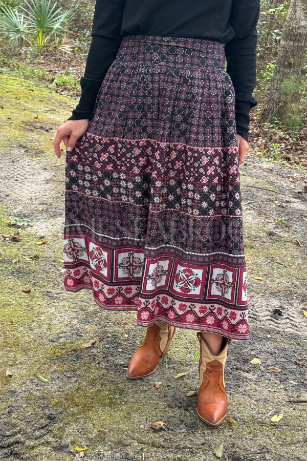 Aneeta Midi Skirt, Zocalo Rose Tan Print by Cleobella