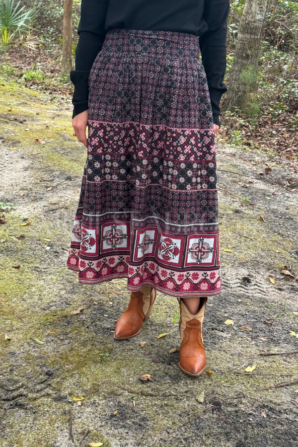 Aneeta Midi Skirt, Zocalo Rose Tan Print by Cleobella