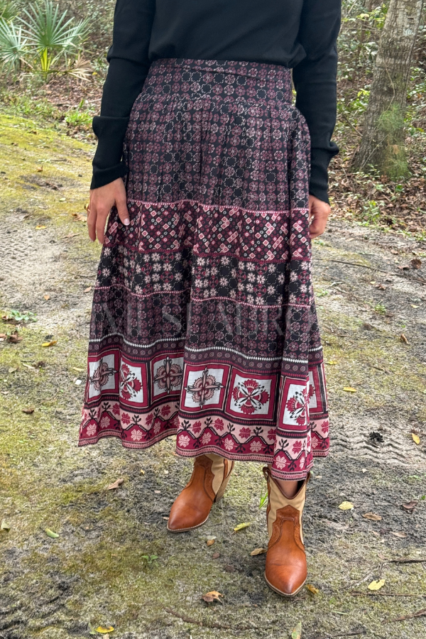 Aneeta Midi Skirt, Zocalo Rose Tan Print by Cleobella