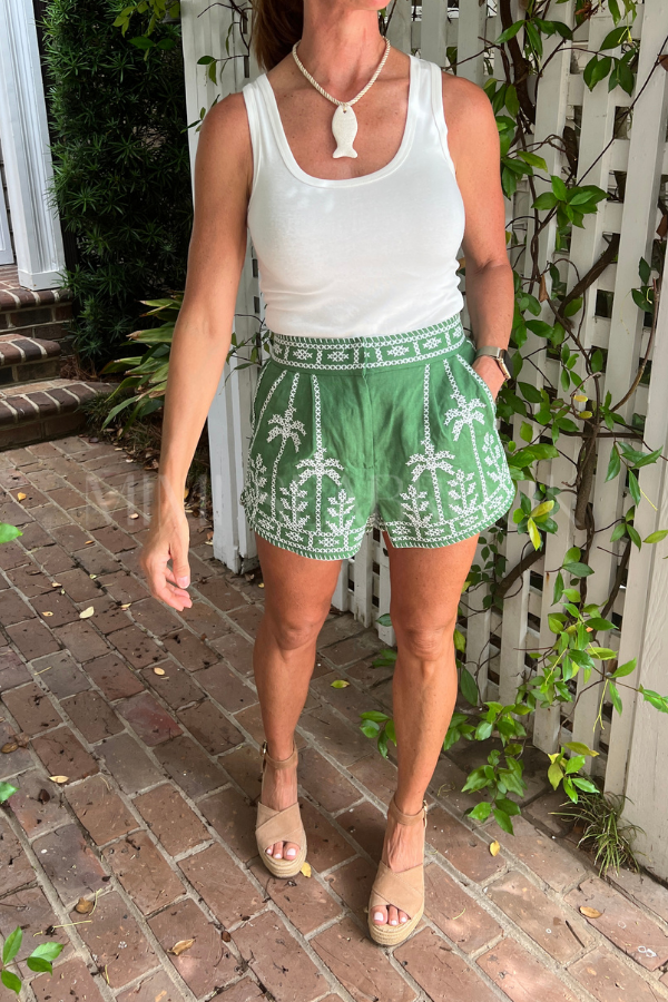 Bicolor Cross Stitch Embroidery Shorts by FARM RIO