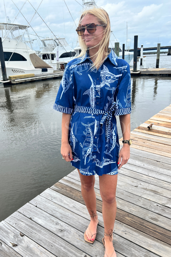 Bimini Dress by King + Pitt, blue billfish print (pre-order)