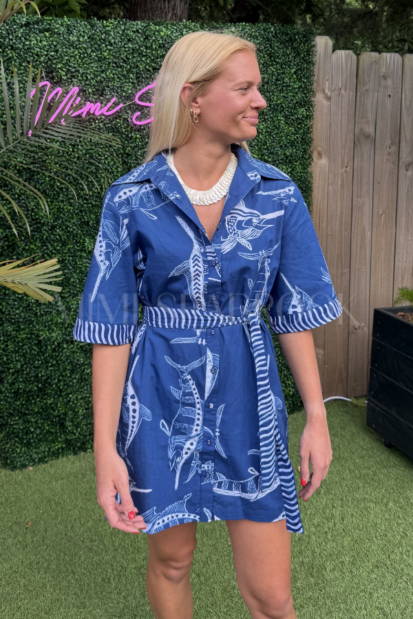 Bimini Dress by King + Pitt, blue billfish print (pre-order)