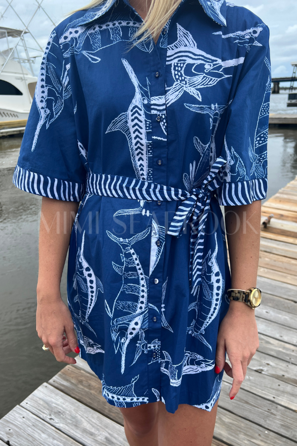 Bimini Dress by King + Pitt, blue billfish print (pre-order)