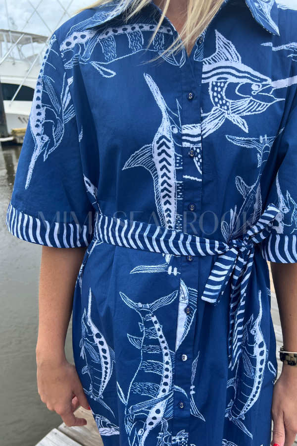 Bimini Dress by King + Pitt, blue billfish print (pre-order)