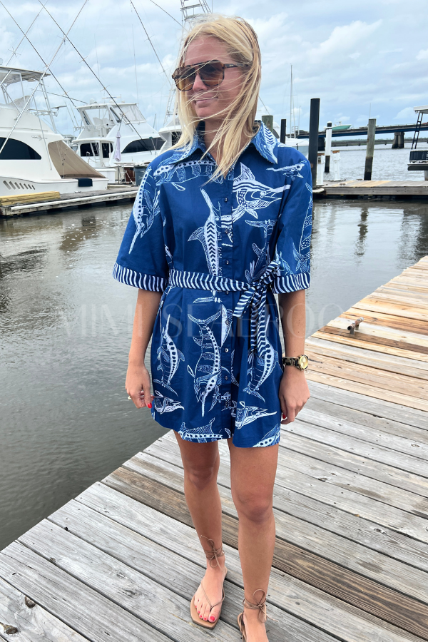 Bimini Dress by King + Pitt, blue billfish print (pre-order)