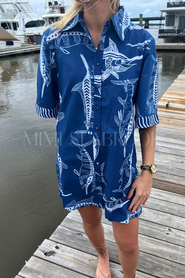 Bimini Dress by King + Pitt, blue billfish print (pre-order)