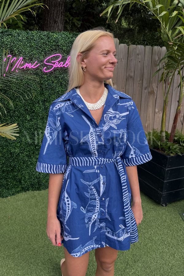 Bimini Dress by King + Pitt, blue billfish print (pre-order)