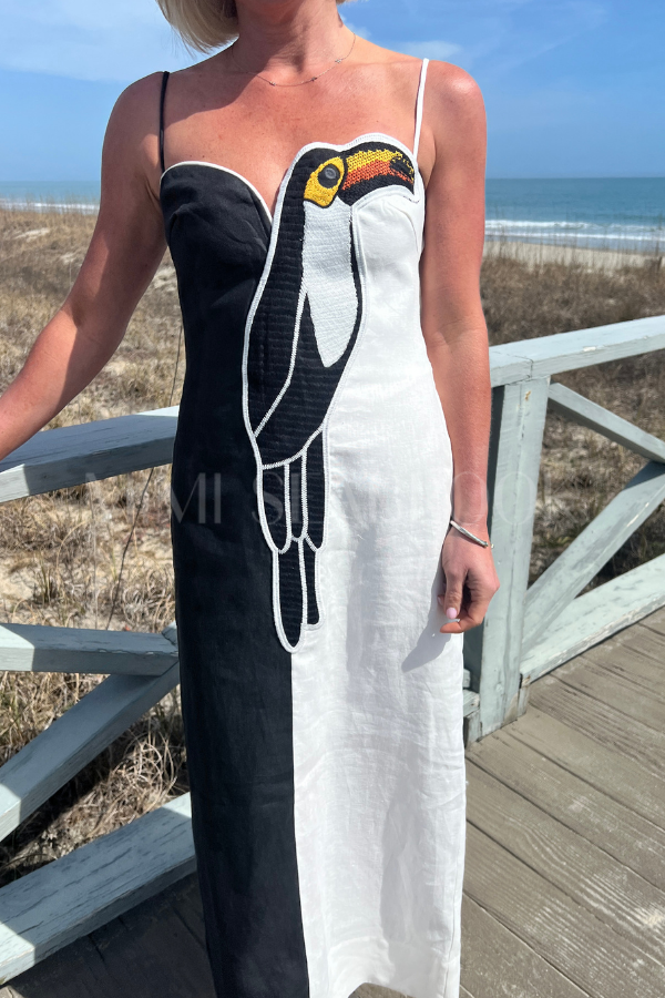 Black and White Embroidered Toucan Sleeveless Maxi Dress by Farm Rio