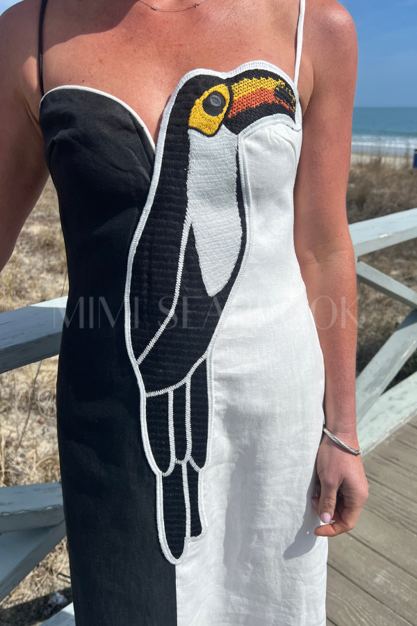 Black and White Embroidered Toucan Sleeveless Maxi Dress by Farm Rio