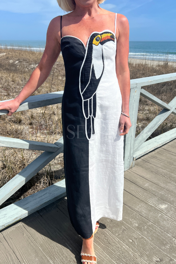 Black and White Embroidered Toucan Sleeveless Maxi Dress by Farm Rio