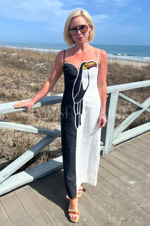 Black and White Embroidered Toucan Sleeveless Maxi Dress by Farm Rio