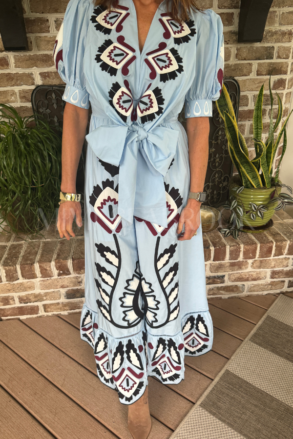 Blue Artisanal Short Sleeve Maxi Dress by Farm Rio