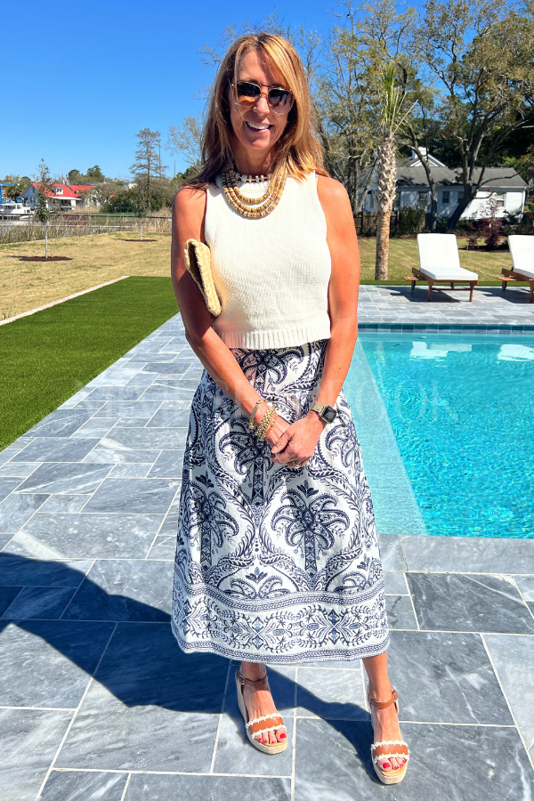 Blue Tropical Cameo Off-White Midi Skirt by FARM RIO