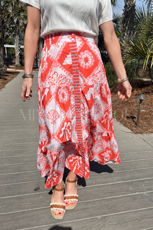 Button Front Skirt, Asterias Red