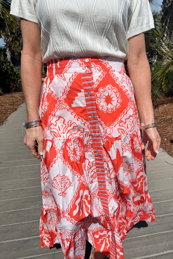 Button Front Skirt, Asterias Red