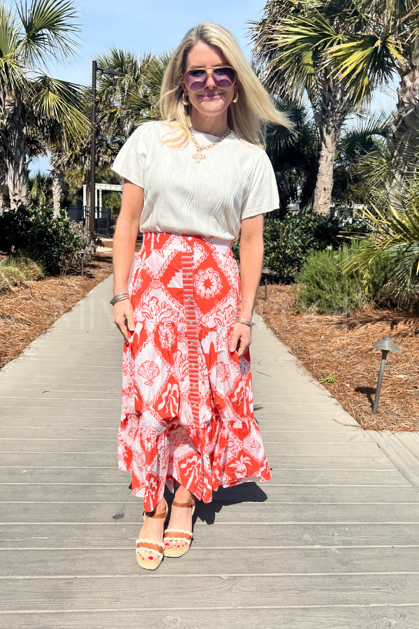 Button Front Skirt, Asterias Red