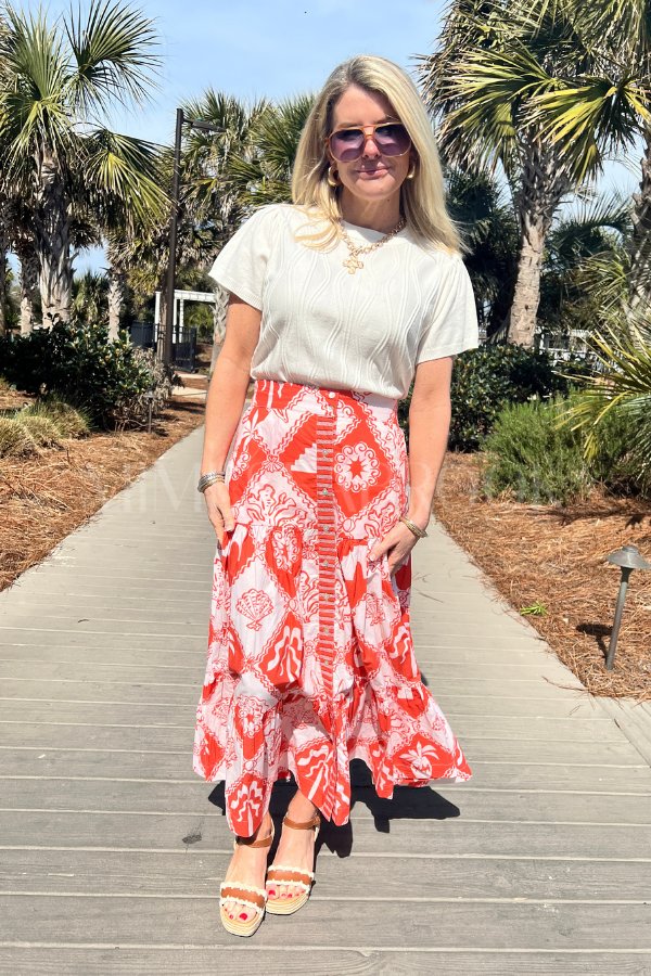 Button Front Skirt, Asterias Red