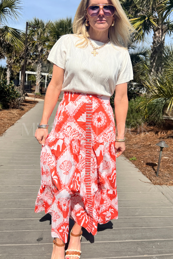 Button Front Skirt, Asterias Red