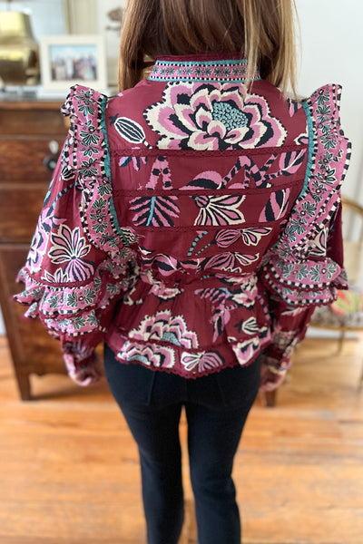 Pineapple Inspiration Burgundy Ruffled Blouse by Farm Rio