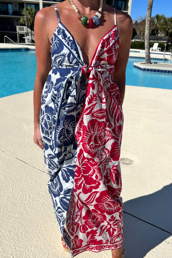 farm rio red and blue dress Red 3d Flower Euroflax Premium Linen Maxi Dress