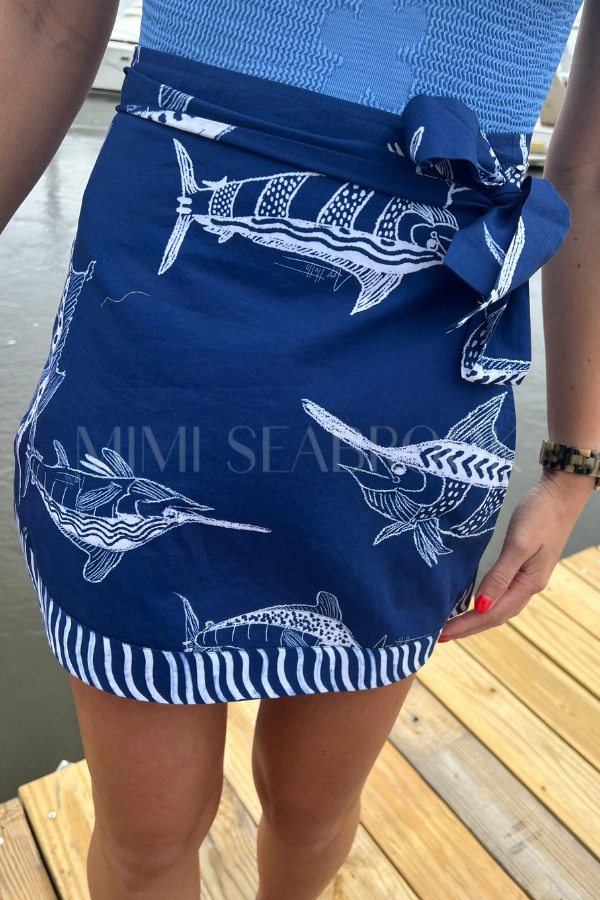 Cheeca Wrap Skirt Coverup aka “The Marge” by King + Pitt, blue billfish print (pre-order)